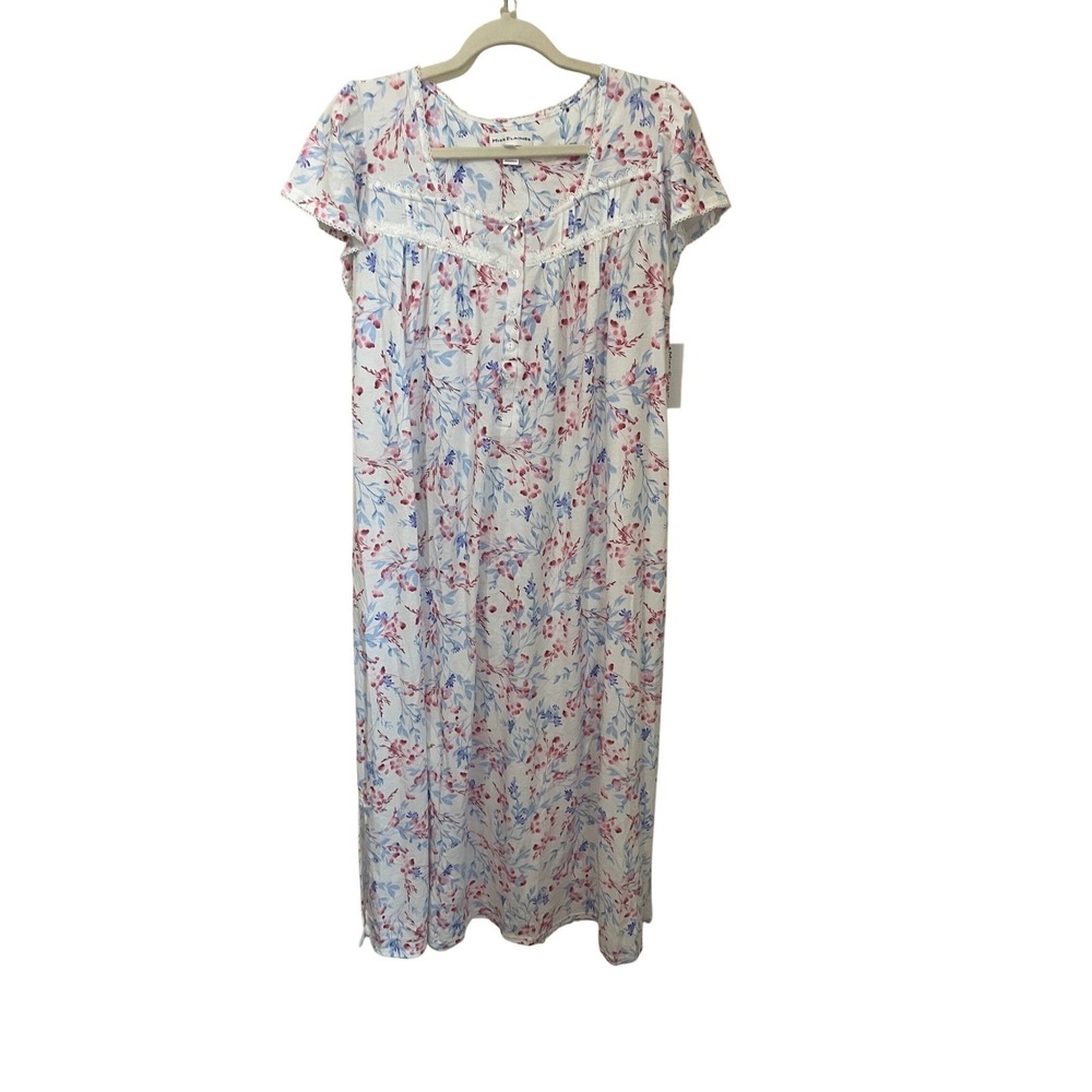 Miss Elaine SilkyKnit Midi Floral Nightgown Pink Blue Lace Trim Size M